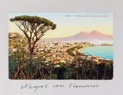 Vykort med panorama över Neapel samt Vesuvius i bakgrunden, 