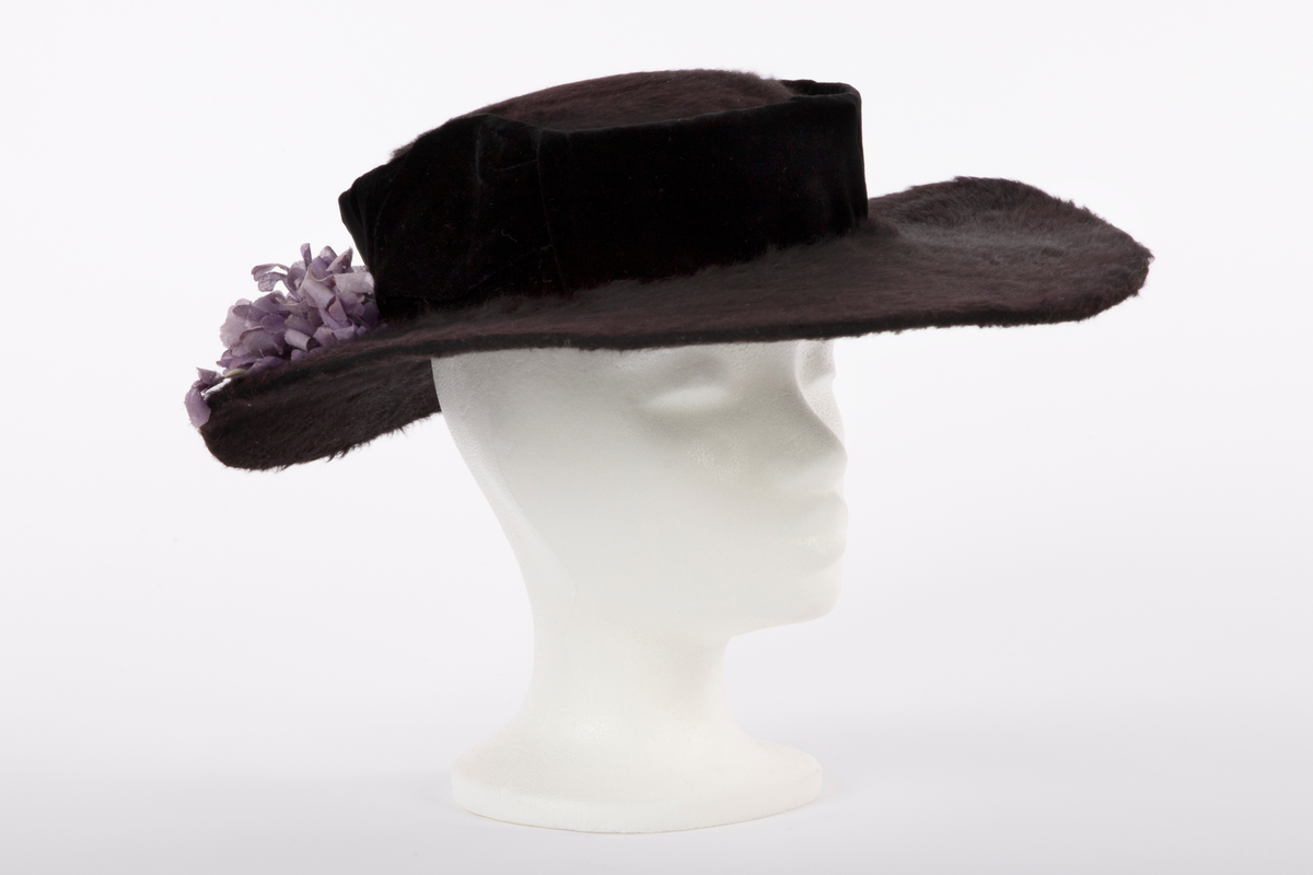 Flat hatt, med lav pull og bred brem. Sydd av sort, glansfull og langhåret hårfilt. Den flate pullen er understøttet av et fullstendig stivt nettstoff og omkranset av et vertikalt "bånd" av sort speilfløyel, avstivet med ståltråd i overkant og trukket over et stivt nettstoff. Hattebåndet har fått innsatt et bredere stykke fløyel over hvert øre, som buer opp i en  spiss, også disse avstivet og formet av en innvendig ståltråd. Den brede bremmen er påsydd og ombrettet i ytterkant, slik at den lodne filten også sees fra undersiden, der den er festet med overbrett på innsiden av pullens nederkant. For ekstra stivhet, er bremmens ytterkant innvendig avstivet med 2 tettstilte, trådomspunne, svært tynne ståltråder, sydd parallelt med ytterkanten. Bak på bremmen, litt til høyre, hviler en stor bukett fioler av tynt, stivt tekstil. Innvendig trukket med svart fôrsilke, rynket tett sammen i toppen. Både brem og fôr er festet for hånd med svart tråd, mens fiolbuketten er røft festet med blekgrønn tråd av samme farge som stilkene.

Det kan se ut som om garnering med speilfløyel og fiolbukett kan være sekundær.