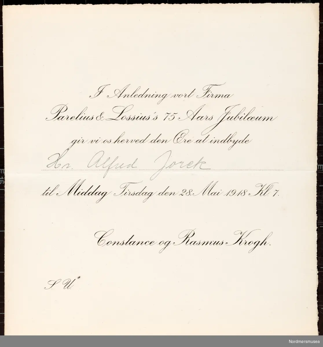 Invitasjon til firmaet Parelius & Lossius's 75 års jubileum den 28. mai 1918. Invitasjonen er signert Constance og Rasmus Krogh.