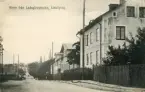 Ladugårdsbacke mot centrala Linköping omkring 1915. Stråket kom senare namnges som del av Gamla Tanneforsvägen. En annan förändring sedan bildens tillkomst är husraden till höger som helt utraderades åren omkring 1970.