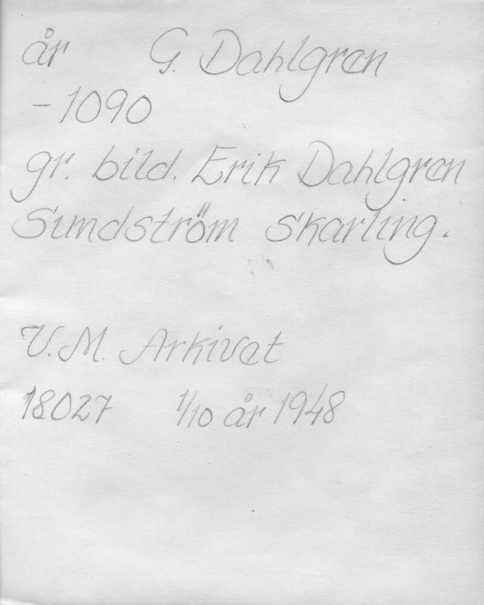 På kuvertet står följande information sammanställd vid museets första genomgång av materialet: gr. bild. Erik Dahlgren
Sundström skarling.