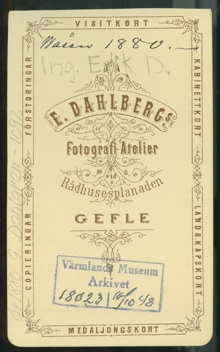 På kuvertet står följande information sammanställd vid museets första genomgång av materialet: Ing. Erik Dahlgren.