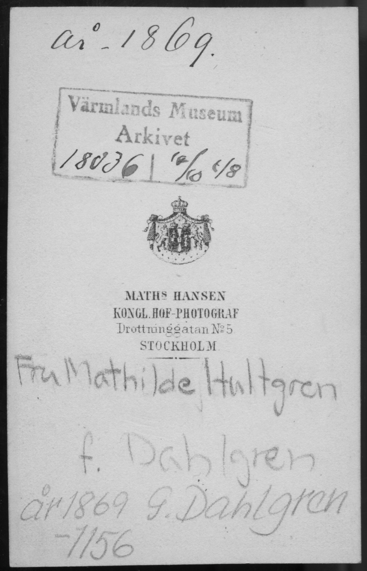 På kuvertet står följande information sammanställd vid museets första genomgång av materialet: Fru Mathilde Hultgren f. Dahlgren