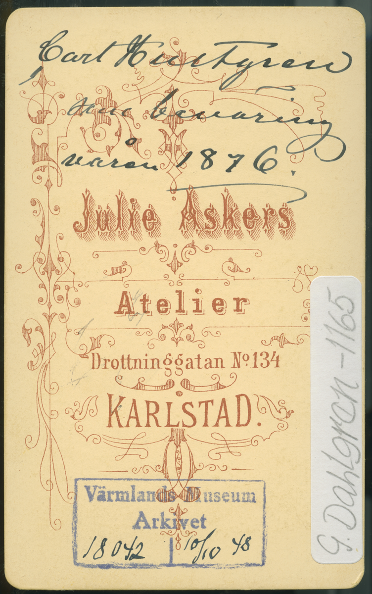 På kuvertet står följande information sammanställd vid museets första genomgång av materialet: Carl Hultgren som beväring.