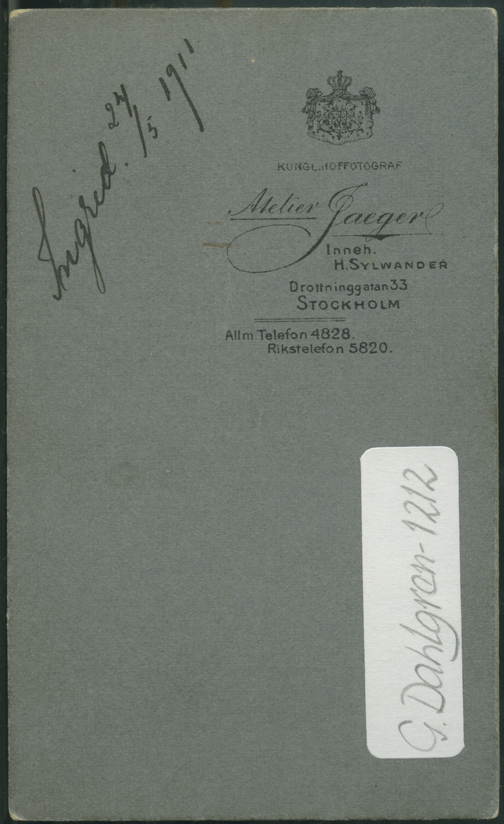 På kuvertet står följande information sammanställd vid museets första genomgång av materialet: Ingrid Dahlman 24/5 år 1911