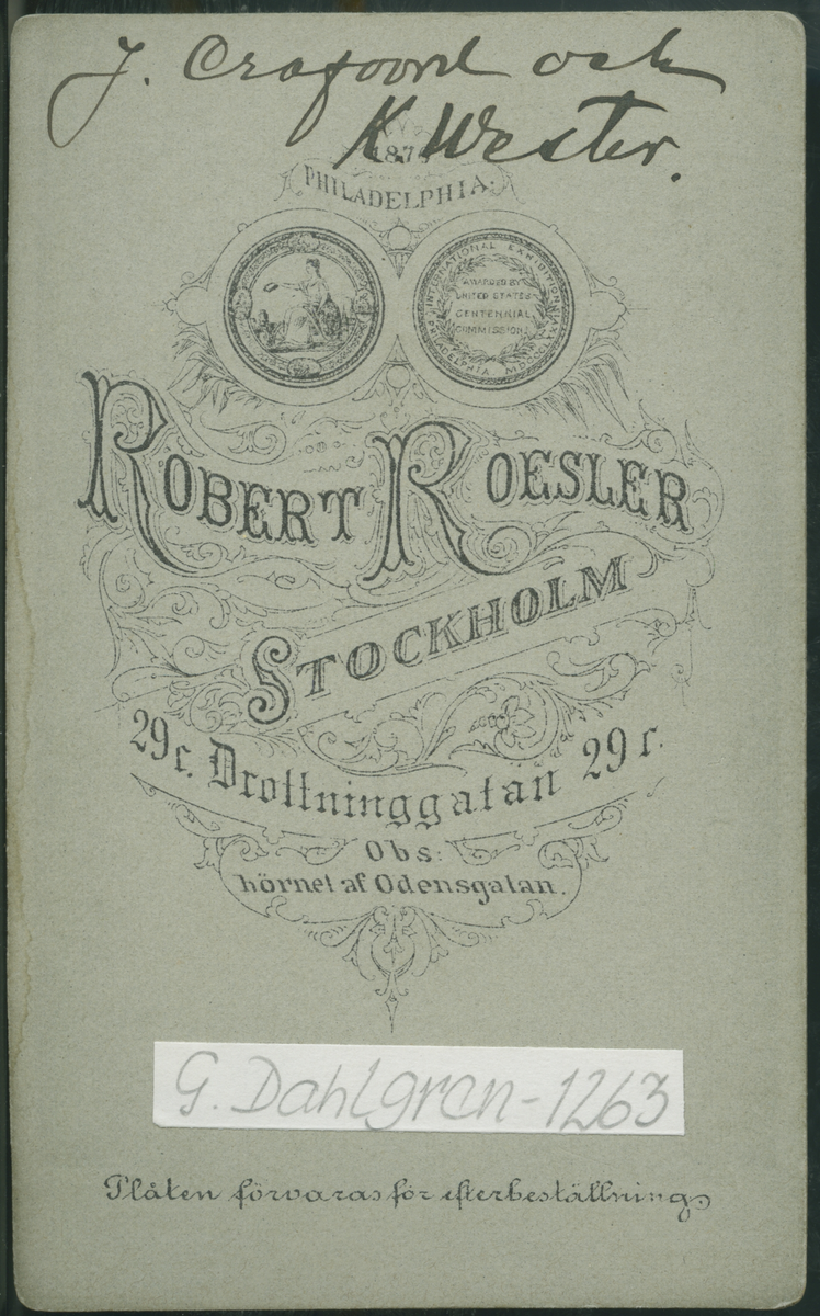 På kuvertet står följande information sammanställd vid museets första genomgång av materialet: J. Crofoord o K. Wester.
Stockholm.
