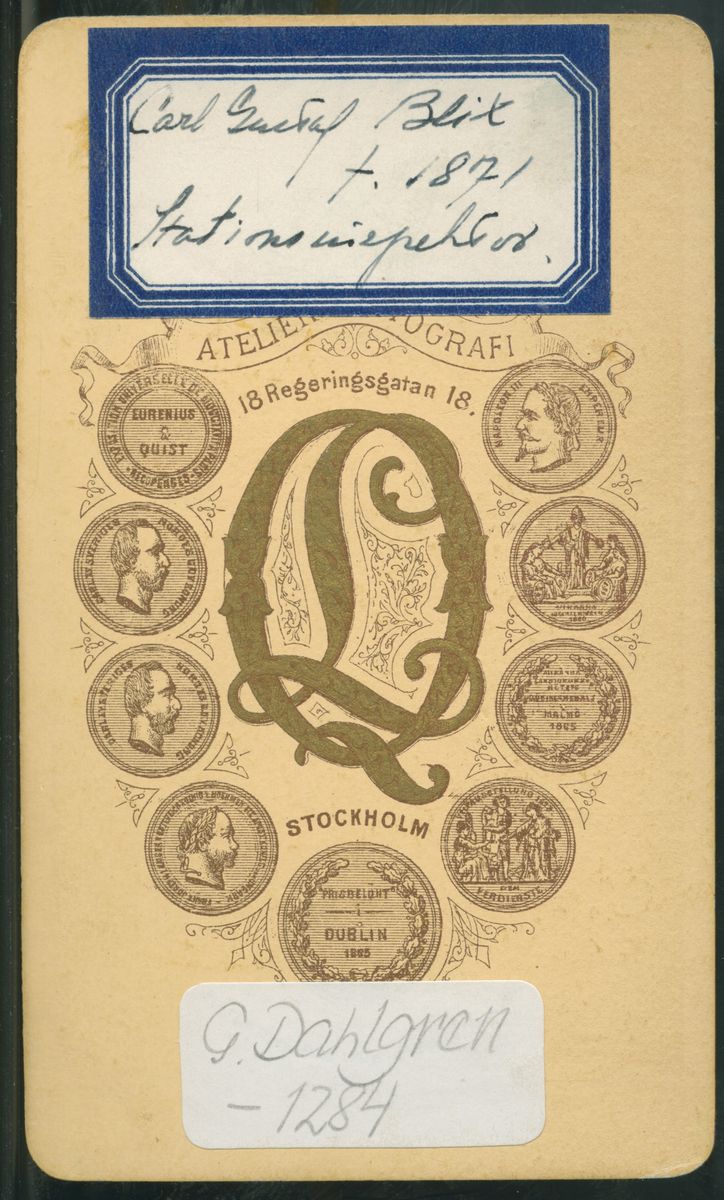 På kuvertet står följande information sammanställd vid museets första genomgång av materialet:  Stationsinspektor Carl Gustaf Blix, f. år 1871
Stockholm.