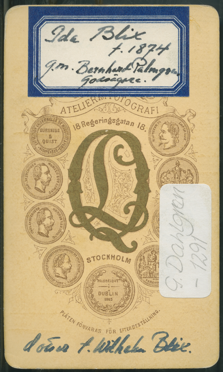 På kuvertet står följande information sammanställd vid museets första genomgång av materialet: Ida Blix f. år 1874. g.m Bernhard Palmgren godsägare.
Dotter till Wilhelm Blix. 
Stoclholm.