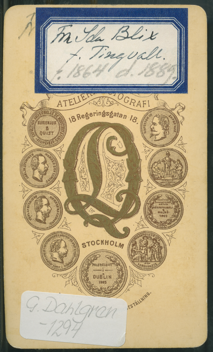 På kuvertet står följande information sammanställd vid museets första genomgång av materialet: Fru Ida Blix f. Tingvall f.år 1864 d.år 1889
Stockholm.