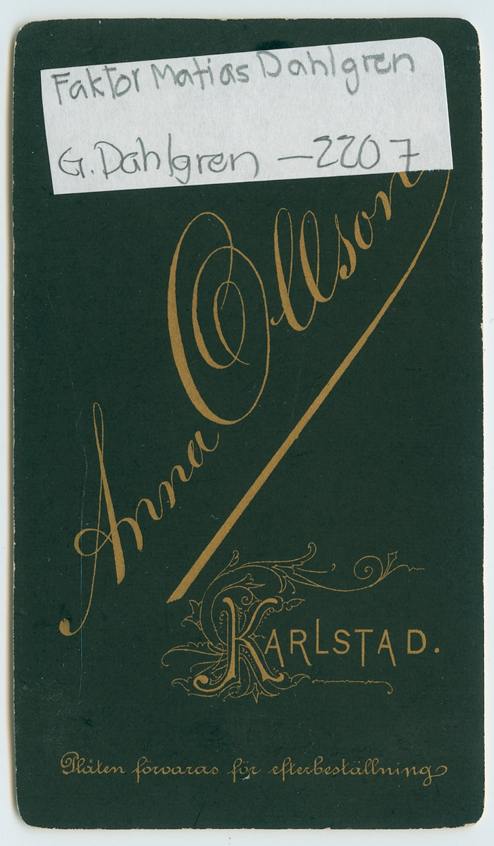 På kuvertet står följande information sammanställd vid museets första genomgång av materialet: Faktor Matias Dahlgren