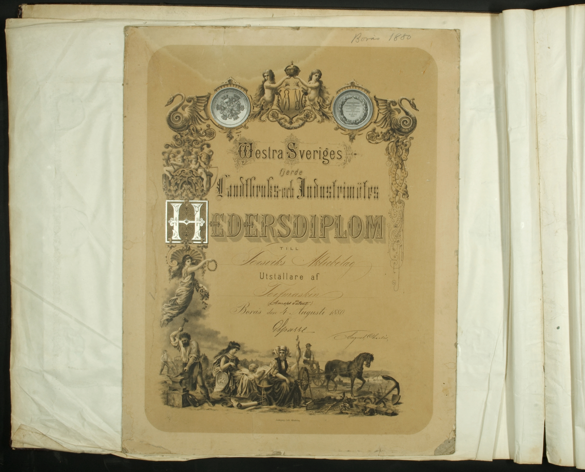 Hedersdiplom Borås 1880, ur boken med ritningar mm 1868-1887, av den svenske torvmaskinkonstruktören Aleph Anrep.