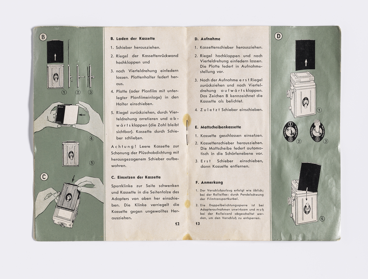 Kameramanual i to deler med manglende for- og bakside. Tilhører trolig et twin lens kamera av merke Rolleiflex. Denne delen består av side 5-20 og den andre 21-22. Manualen er på tysk og består av informasjon om modellen og tilbehør som kan kjøpes separat og hvordan disse brukes sammen med kameraet. Bruksanvisningen har flere tydelige bruksmerker i det ene hjørnet og langsiden.

Samlingen består av diverse fotoutstyr og andre gjenstander som har tilhørt Synnøve Brændshøi sitt fotoatelier. De fleste er nok fra 1940- og 50-tallet.