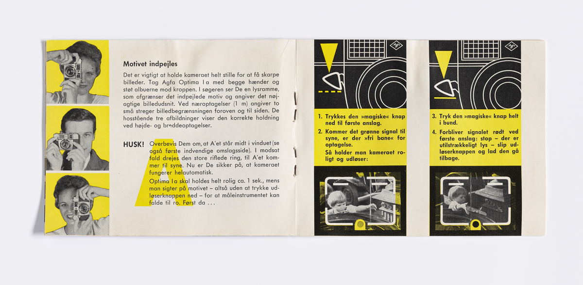 Bruksanvisning til kameramodell Optima 1a produsert av Agfa fra 1962. Bruksanvisningen er på dansk med både tekst og illustrasjon. Optima 1a var et tidlig helautomatisk kamera.

Samlingen består av diverse fotoutstyr og andre gjenstander som har tilhørt Synnøve Brændshøi sitt fotoatelier. De fleste er nok fra 1940- og 50-tallet.