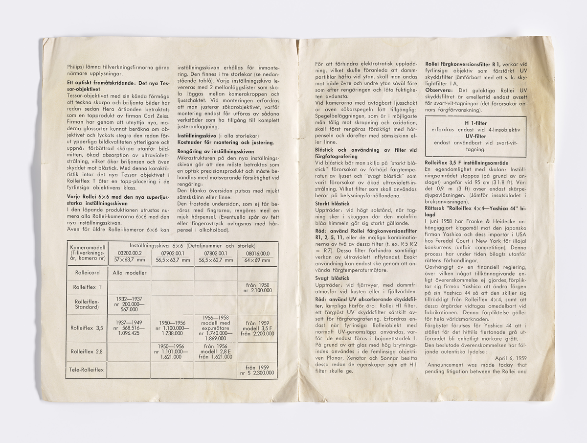 Kameramanual for twin lens kamera av merke Rolleiflex. Modell Tele-Rolleiflex / Sonnar 1:4, Rolleiflash 2, produsert fra 1959. Funnet sammen med et twin lens kamera av samme merke, men trolig av modellen 2.8, produsert fra 1949 til 1956. 

Manualen er på svensk og består av informasjon om modellen og tidligere modeller. Den gir en generell beskrivelse av både av tekniske funksjoner og bruk. Bruksanvisningen består av åtte sider inkl. for- og bakside med bilder og tekst.

Samlingen består av diverse fotoutstyr og andre gjenstander som har tilhørt Synnøve Brændshøi sitt fotoatelier. De fleste er nok fra 1940- og 50-tallet.
