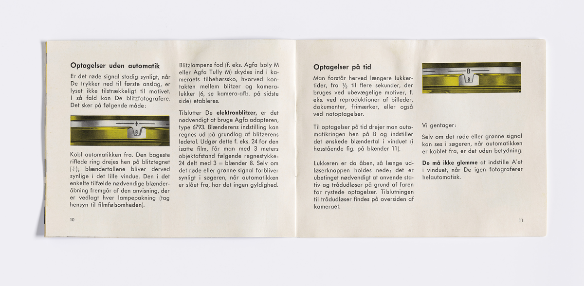 Bruksanvisning til kameramodell Optima 1a produsert av Agfa fra 1962. Bruksanvisningen er på dansk med både tekst og illustrasjon. Optima 1a var et tidlig helautomatisk kamera.

Samlingen består av diverse fotoutstyr og andre gjenstander som har tilhørt Synnøve Brændshøi sitt fotoatelier. De fleste er nok fra 1940- og 50-tallet.