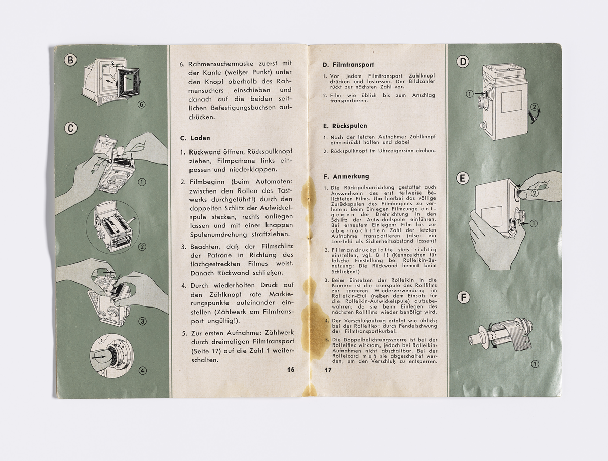 Kameramanual i to deler med manglende for- og bakside. Tilhører trolig et twin lens kamera av merke Rolleiflex. Denne delen består av side 5-20 og den andre 21-22. Manualen er på tysk og består av informasjon om modellen og tilbehør som kan kjøpes separat og hvordan disse brukes sammen med kameraet. Bruksanvisningen har flere tydelige bruksmerker i det ene hjørnet og langsiden.

Samlingen består av diverse fotoutstyr og andre gjenstander som har tilhørt Synnøve Brændshøi sitt fotoatelier. De fleste er nok fra 1940- og 50-tallet.