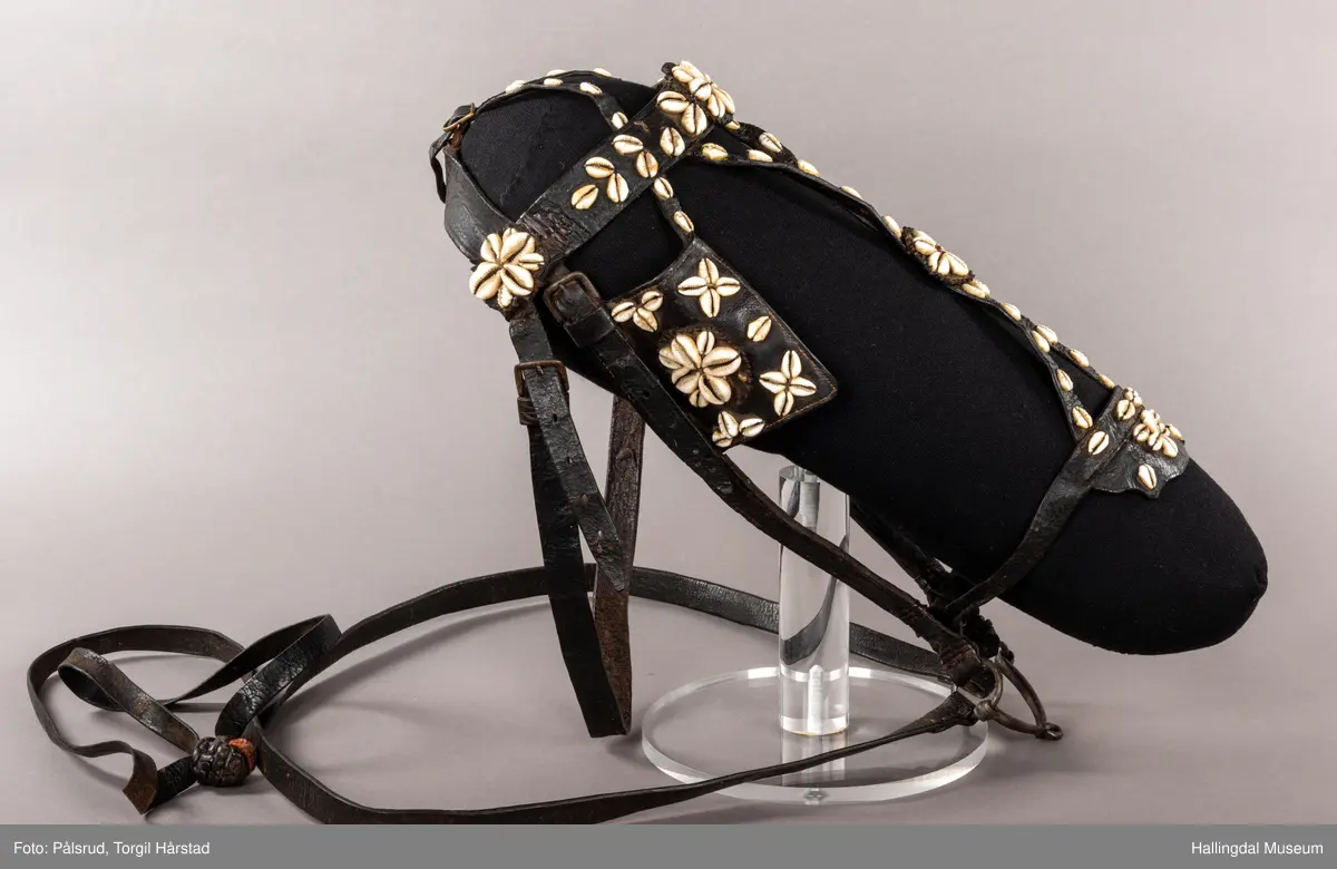 Hodelag til hest med munnbitt og tømmer. Hodelaget er dekoret med kauriskjell og rød ull. Skylapper, trapesformet dekorert midt på med lærrosett og hvite kauriskjell. Kort tømme, ender i kute av lærfletting og røde ullfrynser, frynsene er slitt bort. Munnbitt av jern. Stassele.