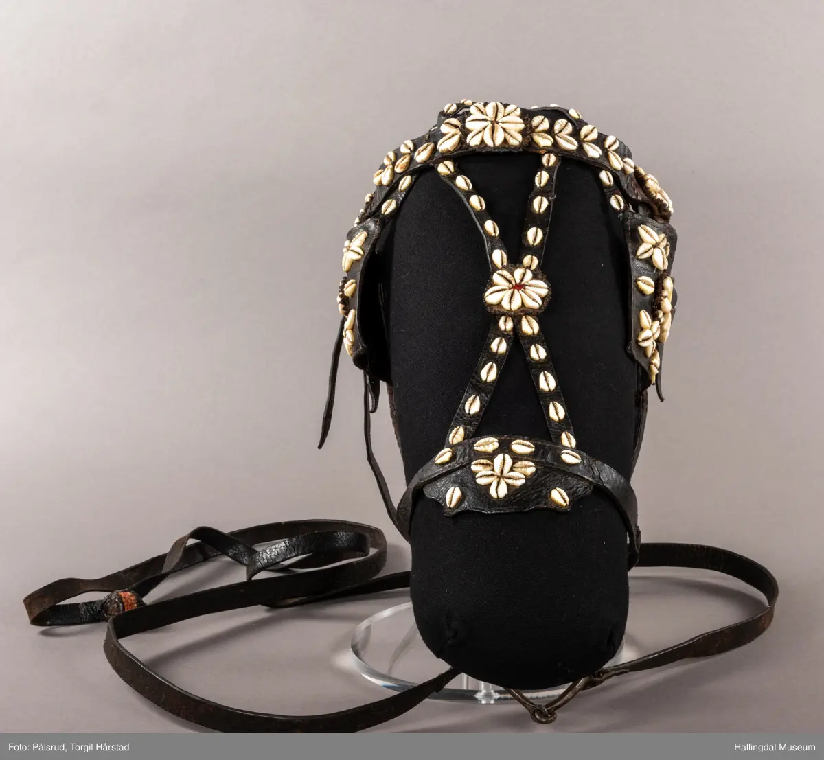 Hodelag til hest med munnbitt og tømmer. Hodelaget er dekoret med kauriskjell og rød ull. Skylapper, trapesformet dekorert midt på med lærrosett og hvite kauriskjell. Kort tømme, ender i kute av lærfletting og røde ullfrynser, frynsene er slitt bort. Munnbitt av jern. Stassele.