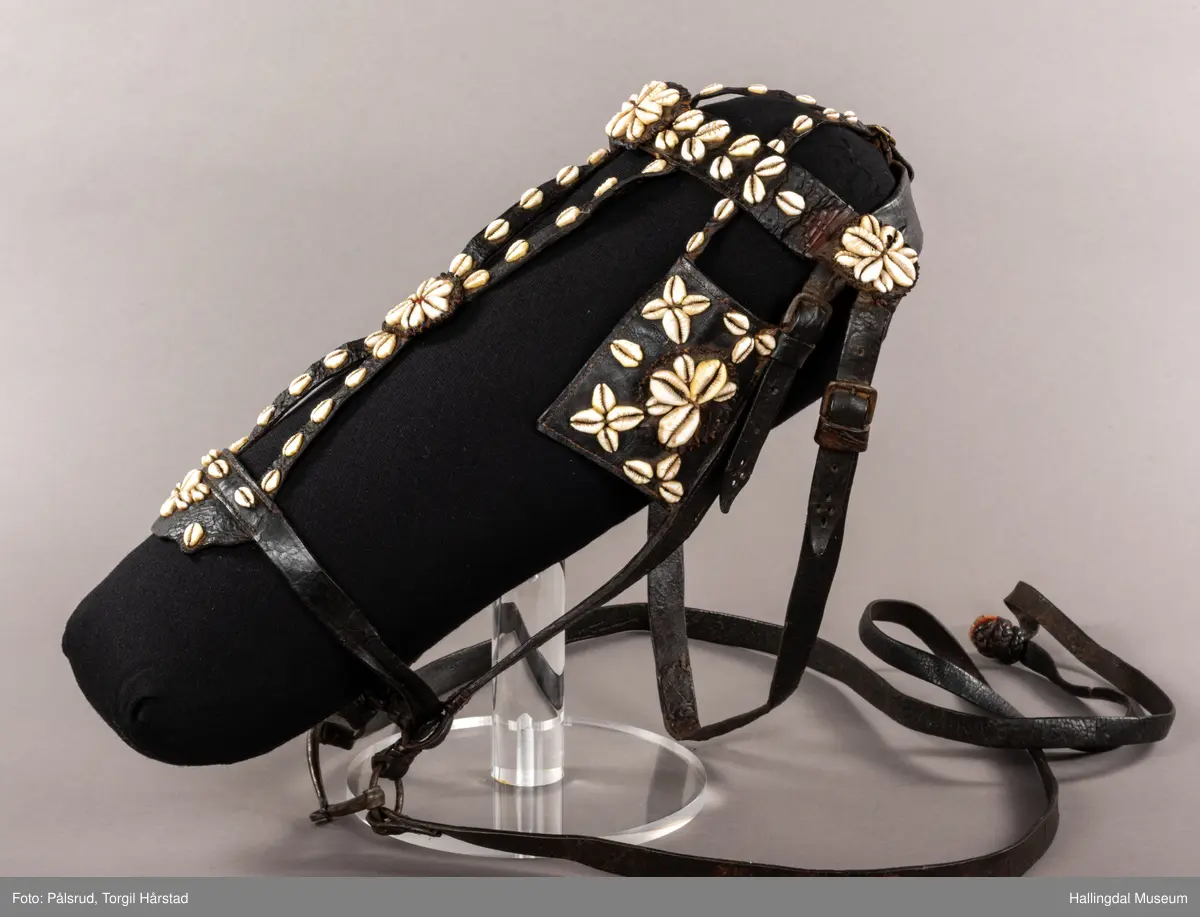 Hodelag til hest med munnbitt og tømmer. Hodelaget er dekoret med kauriskjell og rød ull. Skylapper, trapesformet dekorert midt på med lærrosett og hvite kauriskjell. Kort tømme, ender i kute av lærfletting og røde ullfrynser, frynsene er slitt bort. Munnbitt av jern. Stassele.