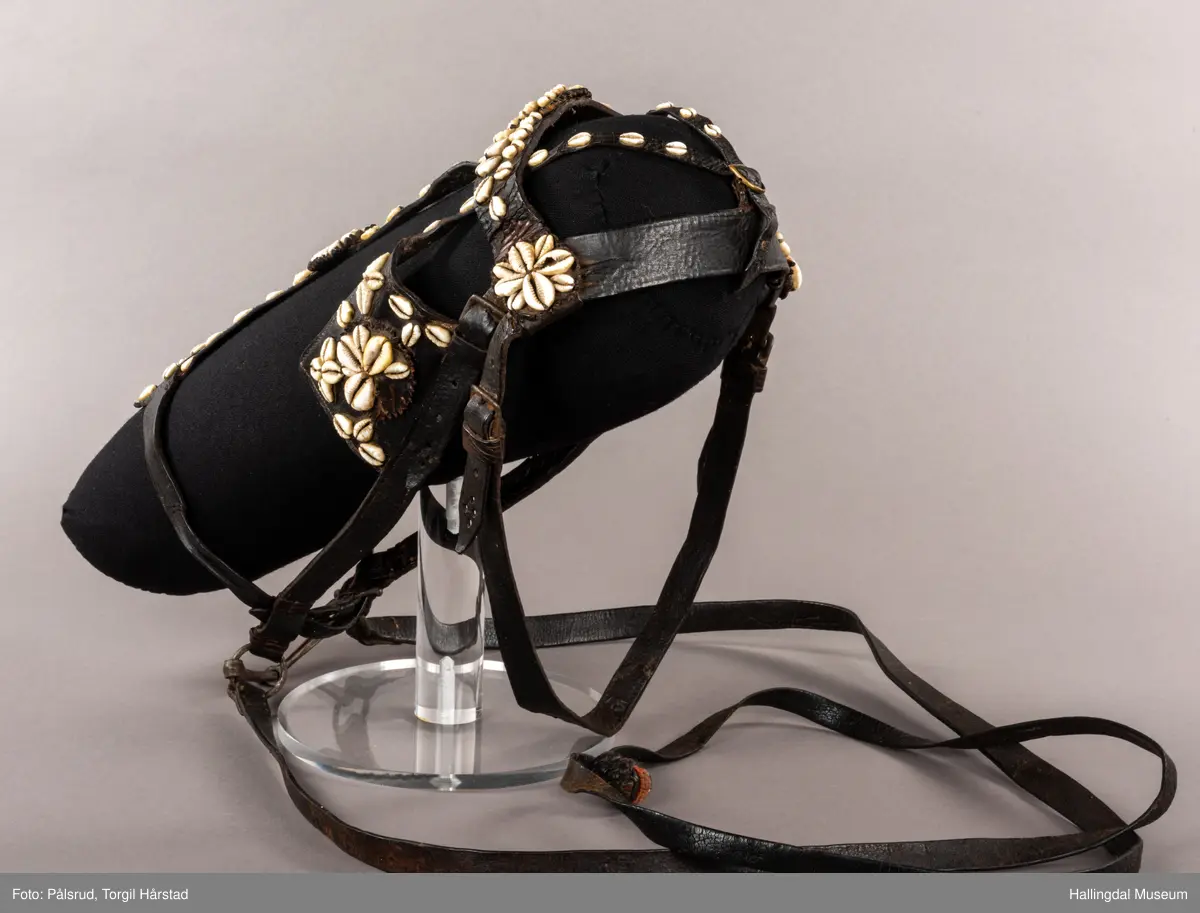 Hodelag til hest med munnbitt og tømmer. Hodelaget er dekoret med kauriskjell og rød ull. Skylapper, trapesformet dekorert midt på med lærrosett og hvite kauriskjell. Kort tømme, ender i kute av lærfletting og røde ullfrynser, frynsene er slitt bort. Munnbitt av jern. Stassele.