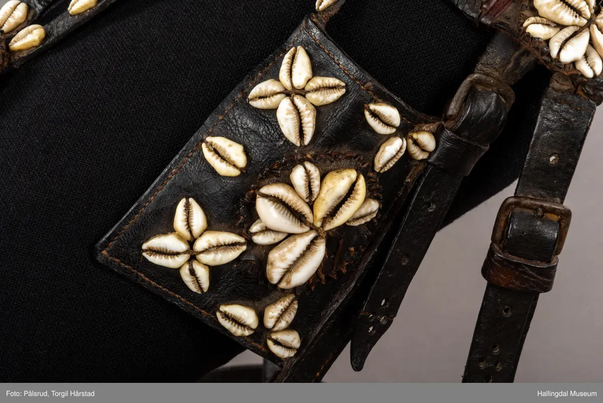 Hodelag til hest med munnbitt og tømmer. Hodelaget er dekoret med kauriskjell og rød ull. Skylapper, trapesformet dekorert midt på med lærrosett og hvite kauriskjell. Kort tømme, ender i kute av lærfletting og røde ullfrynser, frynsene er slitt bort. Munnbitt av jern. Stassele.