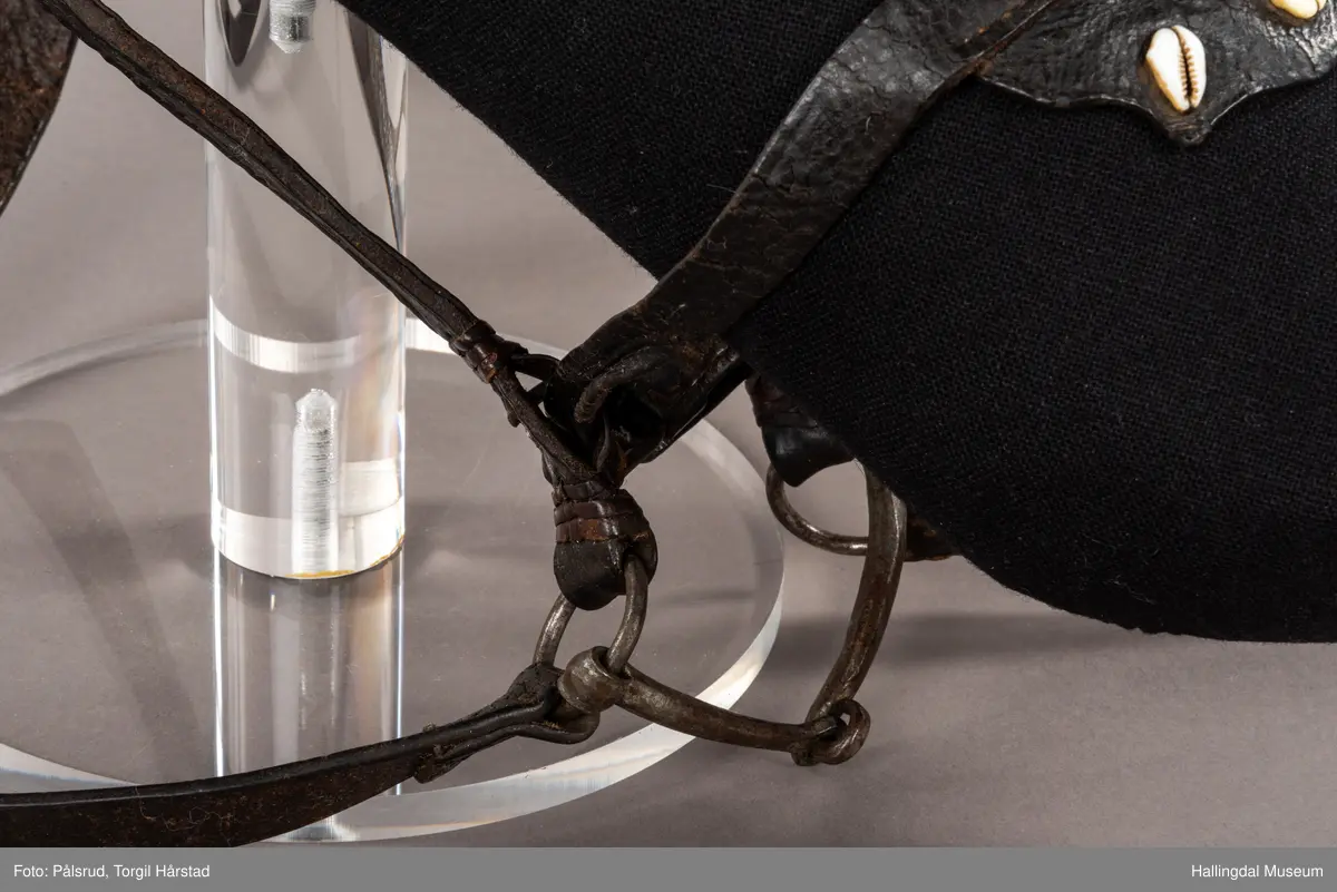 Hodelag til hest med munnbitt og tømmer. Hodelaget er dekoret med kauriskjell og rød ull. Skylapper, trapesformet dekorert midt på med lærrosett og hvite kauriskjell. Kort tømme, ender i kute av lærfletting og røde ullfrynser, frynsene er slitt bort. Munnbitt av jern. Stassele.