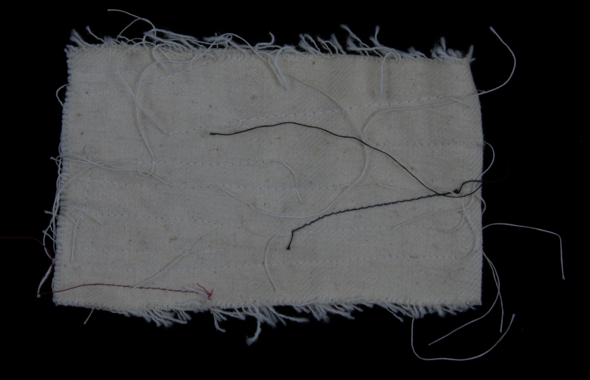 a) Symaskin av märket Husqvarna, modell V.S.4. Handdriven. Svartmålad på träplatta. Nersänkt låda med tillbehör. b) Huv av ekfaner. Handtag på toppen. c) Skyttel av stål. Rund, spetsig i ena änden, rak i den andra. Innehåller en spole med vit tråd. d) Fem spolar av stål. Rund stav med plattor i ändarna. Olika trådrester. e) Ledpressarfot (monterad på maskinen). f) Fållvikare 2 mm. g) Fållvikare 6 mm. h) Gansapparat. i) Rynkfot .j) Linjal. Längd 5,3 cm. k) Fem symaskinsnålar i olika grovlekar. Cellofanförpackning. l) Skruvnyckel. Typ lång platt nål, bakre delen försedd med runt hål. m) Skruvmejsel av stål. Fäste av svart bakelit. n) Borste av dubbelvriden ståltråd med en borste i ena änden. o) Skruvmejsel av stål. Fäste av svart bakelit. p) Provlapp av bomullsflanell. För kontroll av stygnställning. q) Provlapp av bomyllskypert. Till kontroll av stygnställning. r) Bruksanvisning. Tryckt broschyr på 30 sidor.