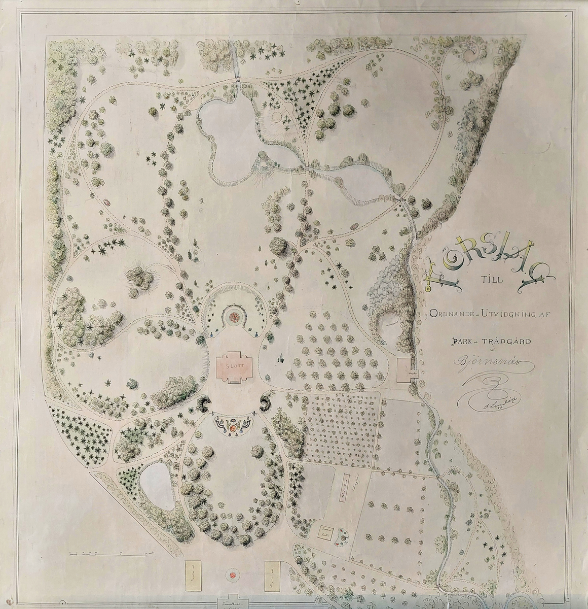 Trädgårdsritning framställd av länsträdgårdsmästaren Gustaf Lindén; Förslag till ordnande och utvidgning af park och trädgård vid Björnsnäs. Daterad 1901.