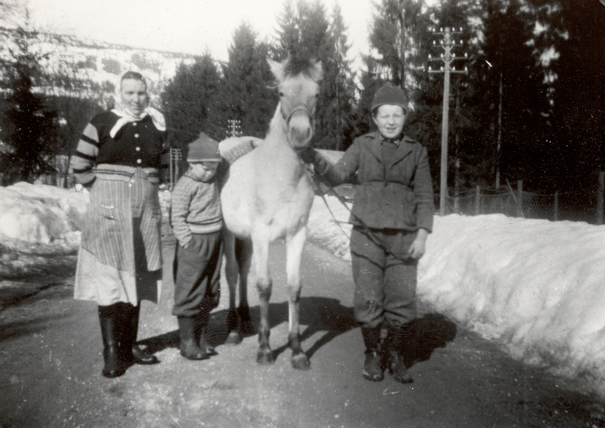 F.v. Alvilde Moen, Tor Finnerud, Svein Finnerud med Blakka. 
På veien mellom Ruud skole og Salem.