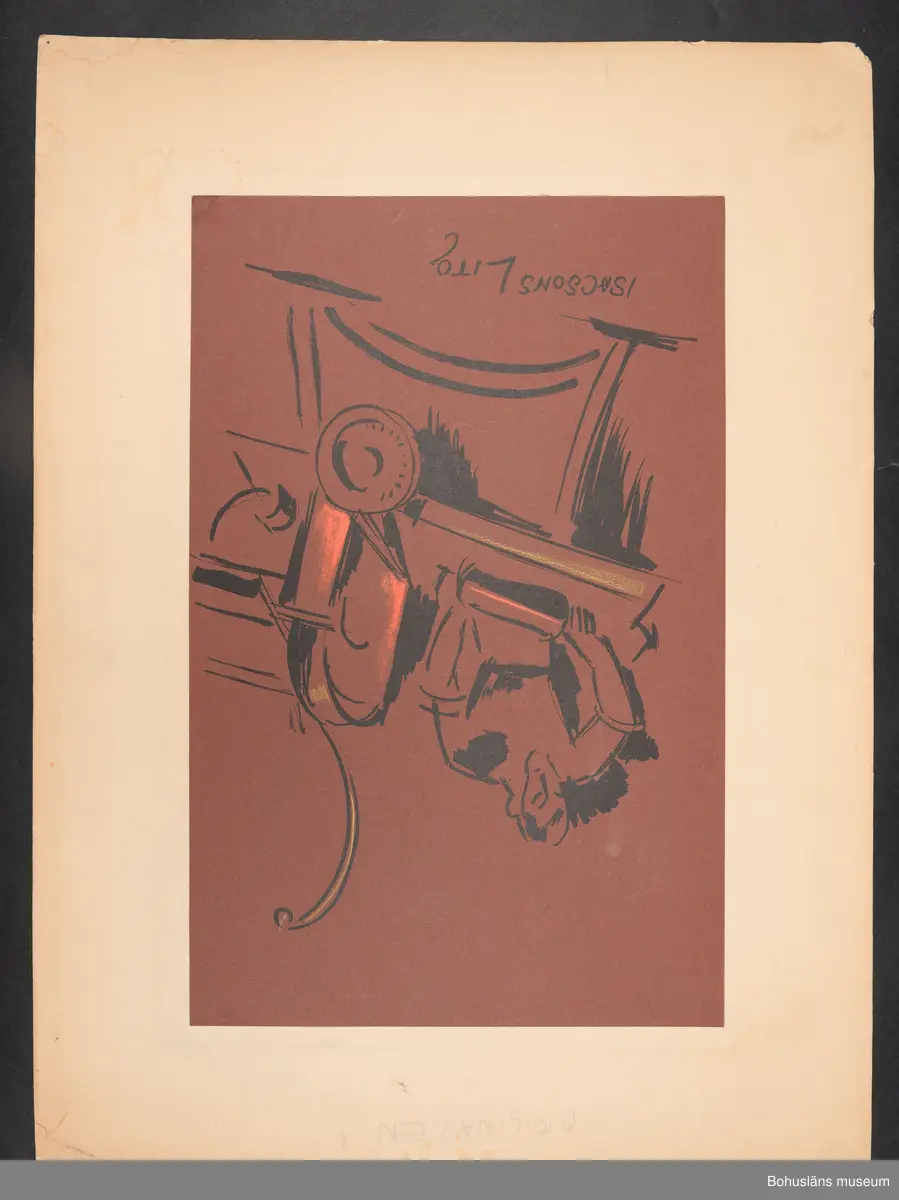 Original till fram- och baksida till mapp för 28 litografier av namngivna skådepelare och personal på Lorensbergsteatern i Göteborg, signerade Jon-And, 
Motiv på mappens framsida: Modernistisk figur med texten "28 Croquis LORENSBERGSTEATER OKT. 1922”. 
Motiv på mappens baksida: Man i arbete vid en litorgrafisk press med texten: ISACSSONS LITO
Monterad på kartong med passepartout.

I denna  gåva ingår också 26 karikatyrer av namngivna skådepelare och personal på Lorensbergsteatern i Göteborg, signerade Jon-And, numrerade 1/150, bladmått ca 49 x 31 cm, se UM034372 - UM034397.