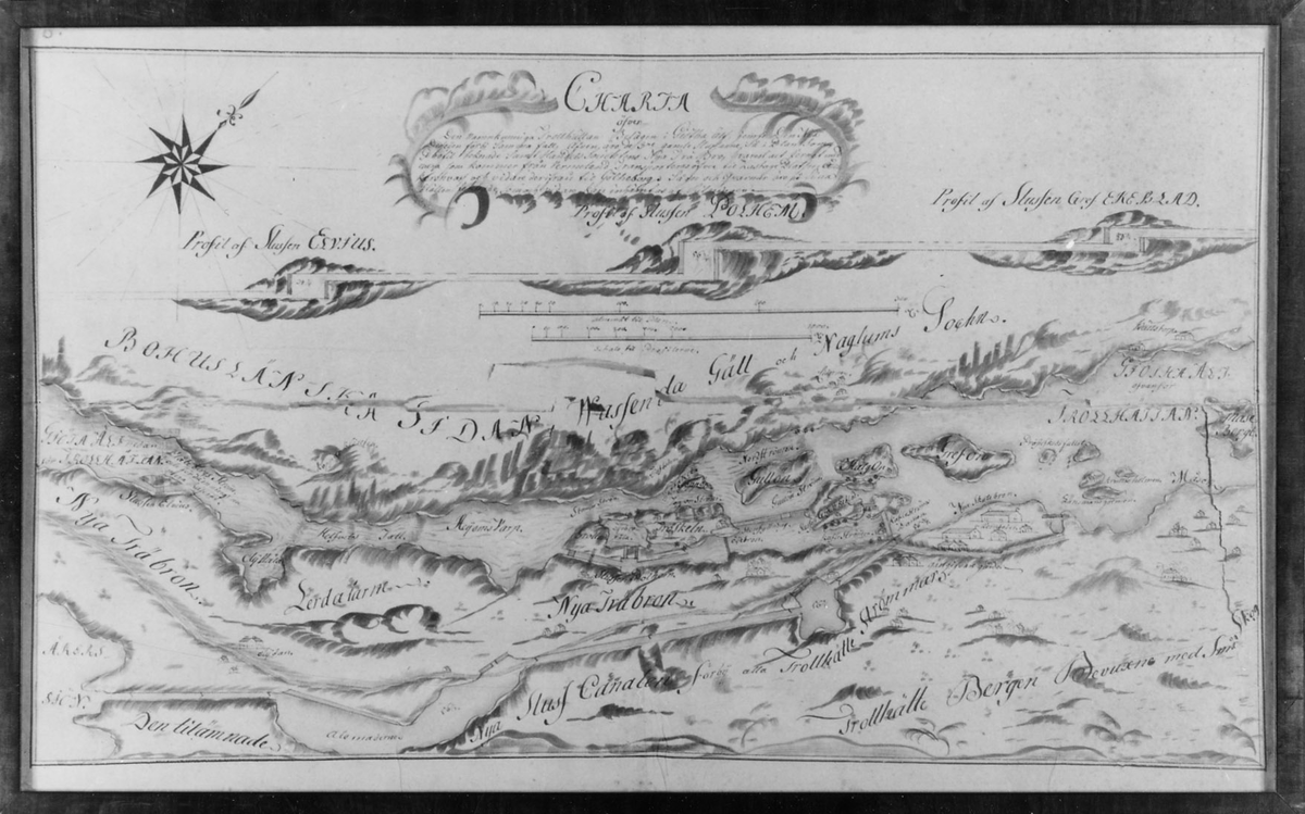 Karta över Göta Älv vid Trollhättan med profilen av slussen POLHEM. Inramad i slät mahognyram.