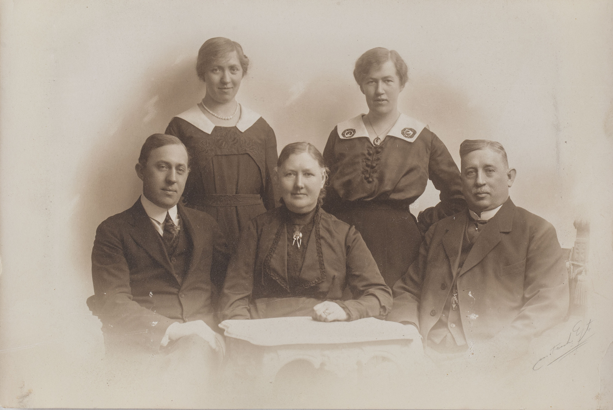 Gruppfotografi i kvadratisk träram med svängd ovansida.
Fotografiet avbildar famlijen Nilson med modern Hanna sittande i mitten, flankerad av till höger fadern Sigfrid och till vänster en av bröderna. Bakom dessa står de två systrarna, Stina till vänster och Carin till höger. 
Ramens öppning är rektangulär med rundade hörn och något svängd uppåt. Glaset som skyddar fotografiet är välvt med den konvexa sidan utåt. 
Fotografiet har en påskrift som går att tyda till Tesch efterträdare, troligen är porträttet taget i Maria Teschs fotoatelier av hennes efterträdare Anna Göransson.
Pappret mellan fotografiet och ramens bakstycke är mönstrat i grönt, gult och svart. Själva bakstycket är reliefpressat och ormskinnsmönstrat och konstruktionen hålls ihop av två klamrar i metall.

Fotografiet finns i Carin Nilsons hem, Villa Lugnet, i Gamla Linköping.