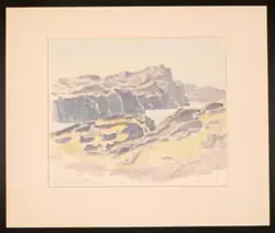 Vindsus, vågbrus, solguld.  [Akvarell, Akvarellmålning]