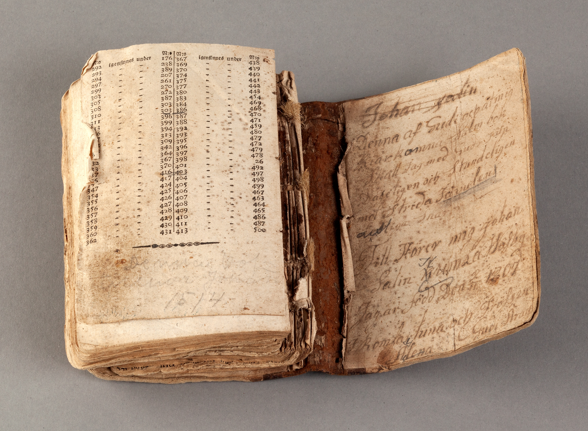 Psalmbok. Tryckt i Örebro 1824. Inskription på pärmarnas insidor. Har tillhört en skomakare Johan Salin, Kumla Wäsby.