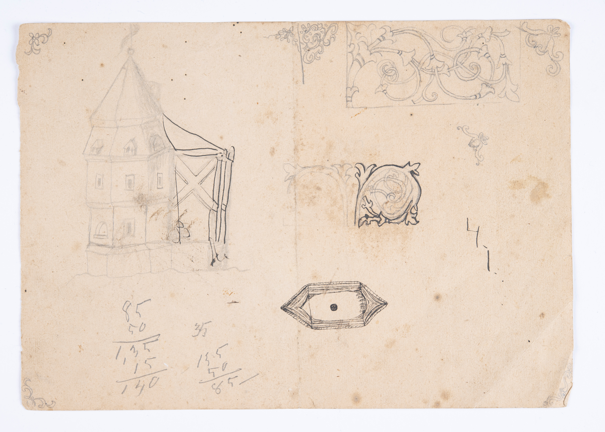 Skisser och anteckningar. Ena sidan skisser av rocailleliknande dekormotiv samt skiss av en tornliknande byggnad i tre våningar med en utbyggnad. Andra sidan skiss av ett hus kortsida.