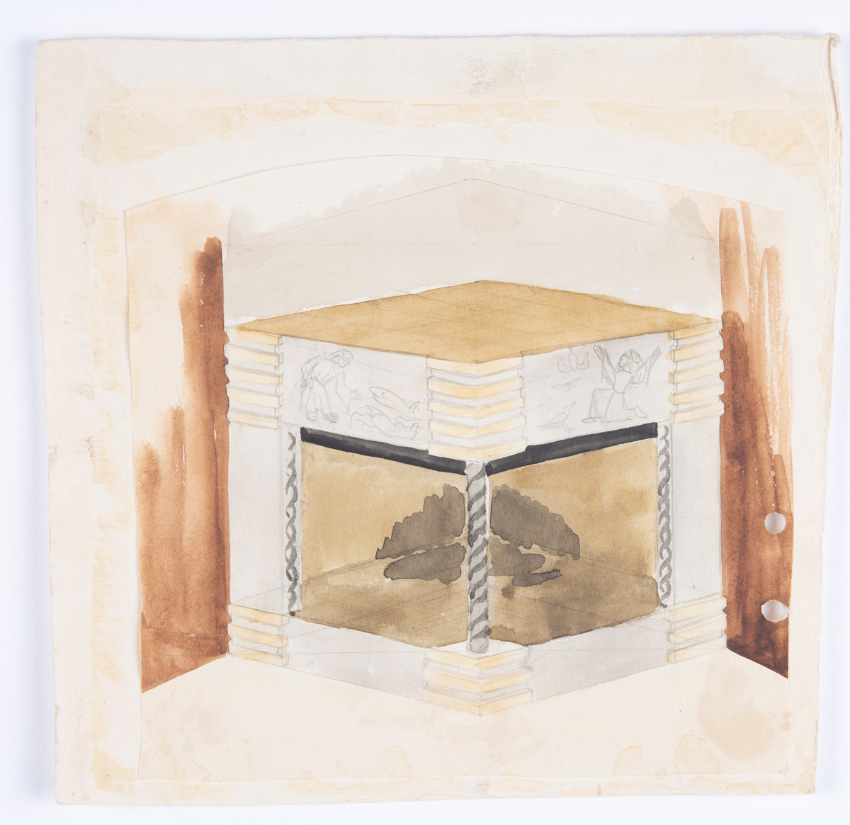 Skiss i akvarell. Murad öppen spis i hörn, dekor på krönet, vänstra sidan en person tilsammans med två fiskar, högra sidan en person på knä med armarna uppsträckta mot tre fåglar.