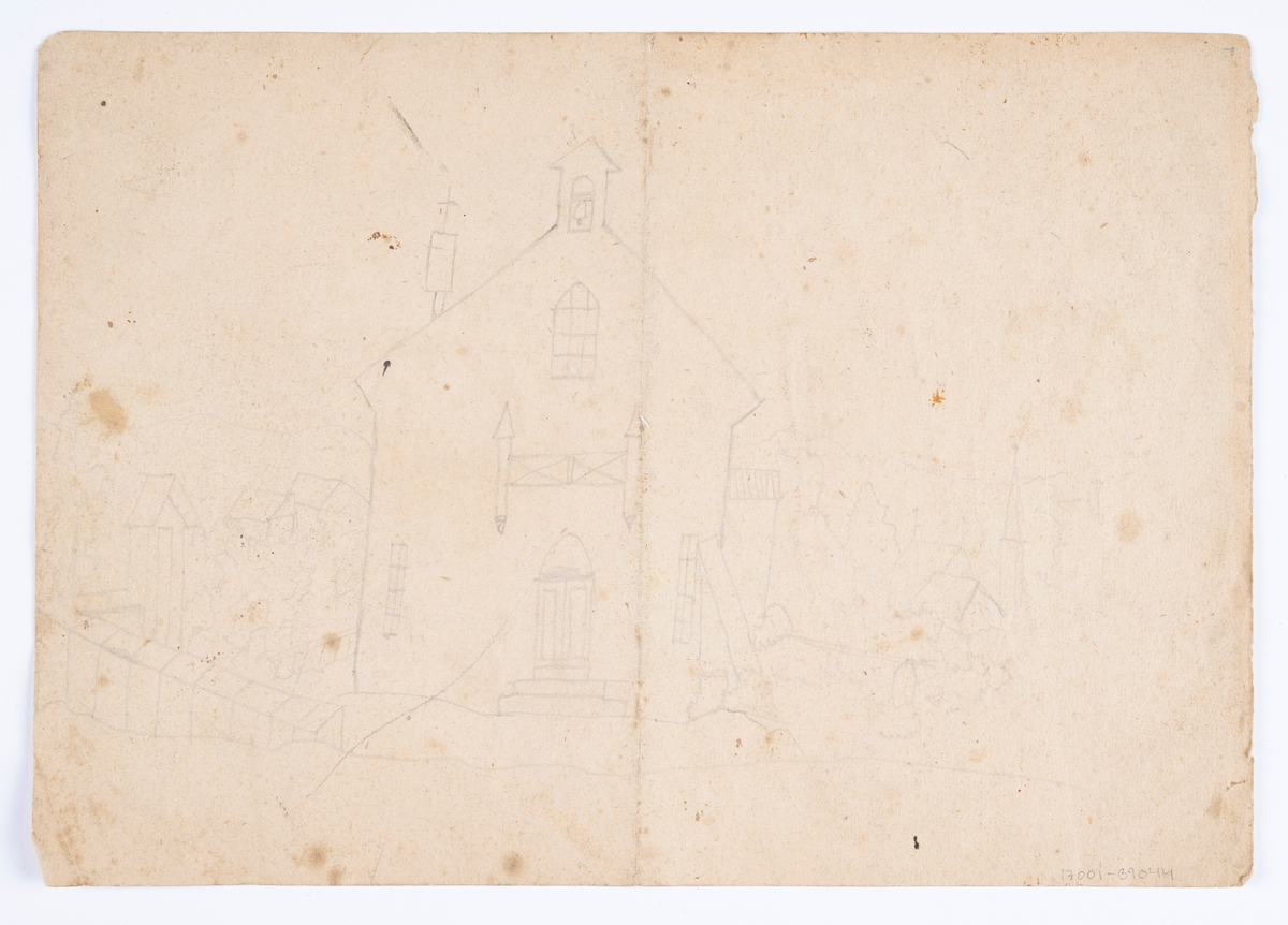 Skisser och anteckningar. Ena sidan skisser av rocailleliknande dekormotiv samt skiss av en tornliknande byggnad i tre våningar med en utbyggnad. Andra sidan skiss av ett hus kortsida.