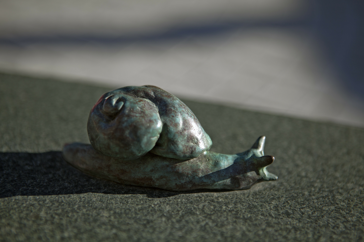 I uteområdet blander skulpturer av den danske billedhuggeren Jørn Rønnau seg med trær, busker og blomster i to separate hagerom. Det ene har kunstneren kalt «Torvet» og satt inn en hel gruppe skulpturer. Blader fra ulike treslag, bjørk, eik, bøk, ask og pil har gitt formmessig inspirasjon til fem sitteskulpturer i polert granitt. På de glatte sitteflatene har Rønnau plassert små bronsefigurer av ekorn, frosk og mus. De bladformete «benkene» er gruppert rundt en sentral bronseskulptur, et rødt kjærlighetens hjerte. Store runde bed for blomster og busker hører også med til kunstnerens prosjekt.

Det andre hagerommet har en oval form og har fått navnet «Den grønne øya». Her lar Rønnau de samme treslag gro opp, bjørk, eik, bøk, ask og pil, som sammen danner en svungen allé diagonalt over «øya» og deler den i to. På hver side av alleen danner en sirkelrund hekk en intim sitteplass. Den ene har en gulskimrende granittskulptur i tre deler, som sammen danner ordet «sol» og hver for seg fungerer som stoler og bord. På bordet har for øvrig en bronsefugl slått seg ned. Mens denne siden har dagen som tema, preger natten den andre. Her har Rønnau satt inn en granittskulptur formet som en stjerne. Ovenfra kan Den grønne øya ses som yin og yang, det eldgamle orientalske symbolet for de motstridende, men utfyllende krefter i verden.