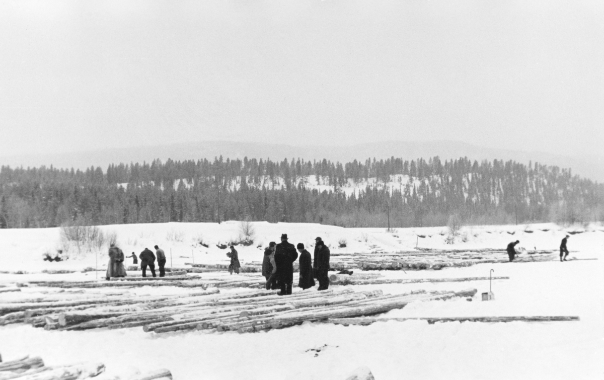 Forsøk med fargemerking av fløtingstømmer på ei snødekt isflate i nærheten av Rena i Åmot i Østerdalen i 1937. Tømmeret var lagt i såkalte flakvelter. «Flakene» besto av tømmerstokker som var lagt forholdsvis tett og parallelt, vinkelrett på en eller to underlagsstokker.Når tømmeret var tillagt på denne måten fikk tømmermålerne, som skulle besiktige, klassifisere og måle hver enkelt stokk, god oversikt og «klaverom». Forutsetningen for at dette skulle fungere godt var at tømmeret ble framkjørt og tillagt i flakvelter seint på vinteren, slik at det ikke ble nedsnødd før tømmermålerne kom. I så fall møtte snøen måkes eller kostes bort. Dette var antakelig spesielt viktig her, for det var sannsynligvis umulig å få malinga til å feste seg på snøete, isete eller våte stokker. Fargemerking av fløtingsvirke ble ikke vanlig i norske vassdrag før i 1960-åra.