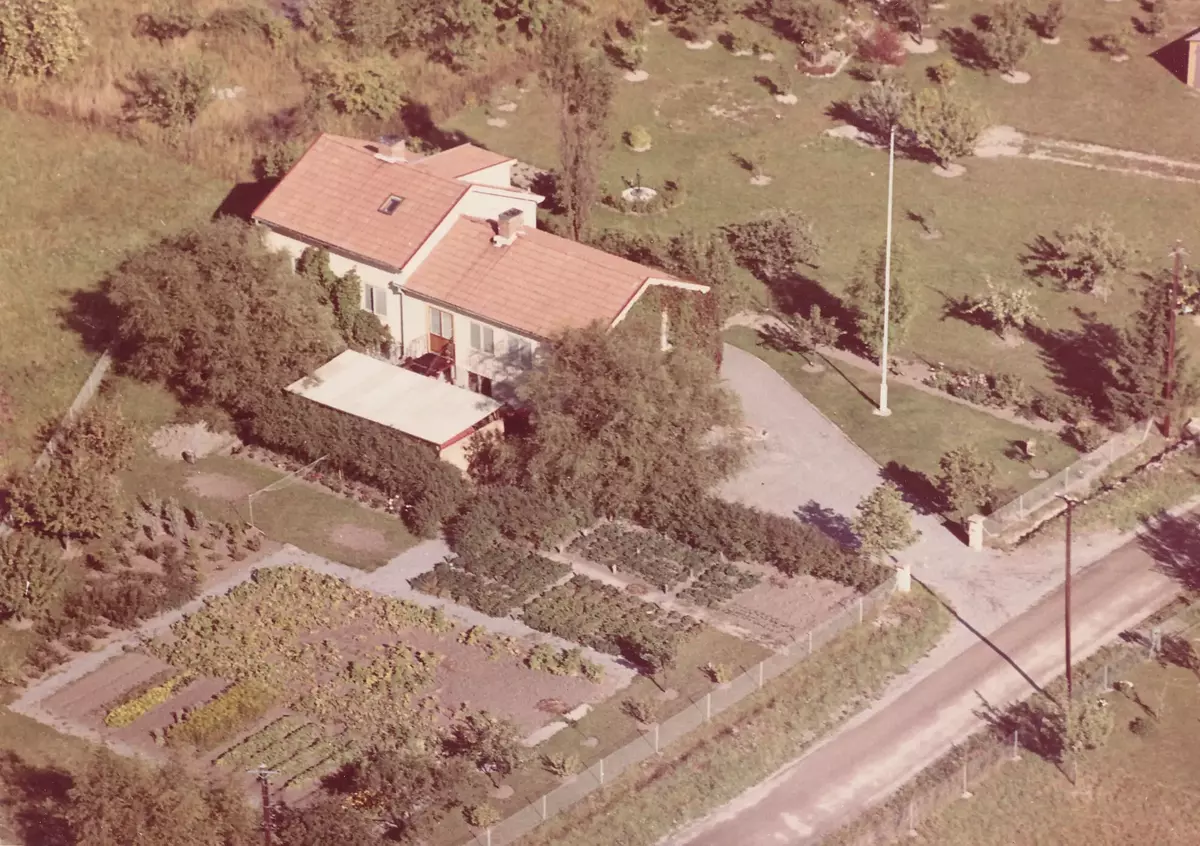 Lännerstavägen 51, hörnet Ryttarvägen i Lännersta, Saltsjö-Boo. Innan 1960 hade det varit ett storts café i högra delen av huset med mingolfbana i cement, som sedan ersattes av planteringen som syns på bilden. Foto 1960-1965. 