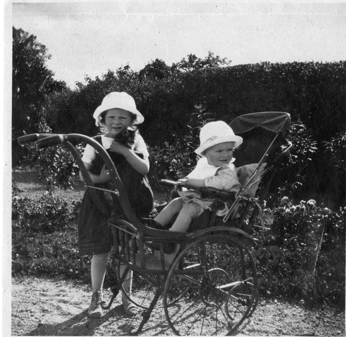 Foto av storesøster Cecilie Aall med bror Hans Cato Aall i barnevogn. Cecilie holder på katten Lille Kisse, juli 1918