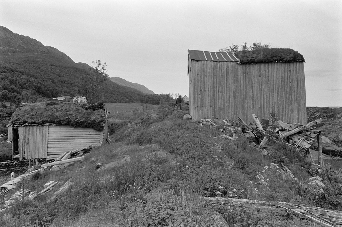 Leirfjord, Reines. To brygger på Reines. Brygga til høyre, Reinesbrygga, har senere blitt restaurert og blitt museumsbygning. Brygga til venstre falt etterhvert sammen og forsvant. Personen på bildet er ant. Bygdebokforfatter i Vefsn, Kjell Jacobsen.