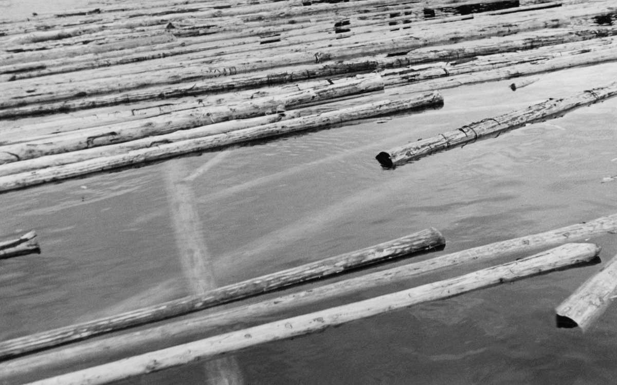 Flytende tømmer, med underliggende søkketømmer, antakelig ved Nes i Skiptvet i 1937. Søkketømmeret hadde blitt så fuktig etter å ha ligget lenge i fløtingsvassdraget at det sank. Det året dette fotografiet ble tatt var det innmeldt 10 205 504 tømmerstokker til fløting i Glommavassdraget. Glomma fellesfløtingsforening foretok nøyaktige tellinger av det tømmeret som nådde fram til lensene nederst i vassdraget, og etter 1937-sesongen kunne organisasjonen konstatere at 639 315 stokker, drøyt 6 prosent, var «inneliggende». Dette dreide seg dels om søkketømmer, som vi ser på dette fotografiet, dels om virke det av andre grunner fortsatt lå igjen langs vassdraget.