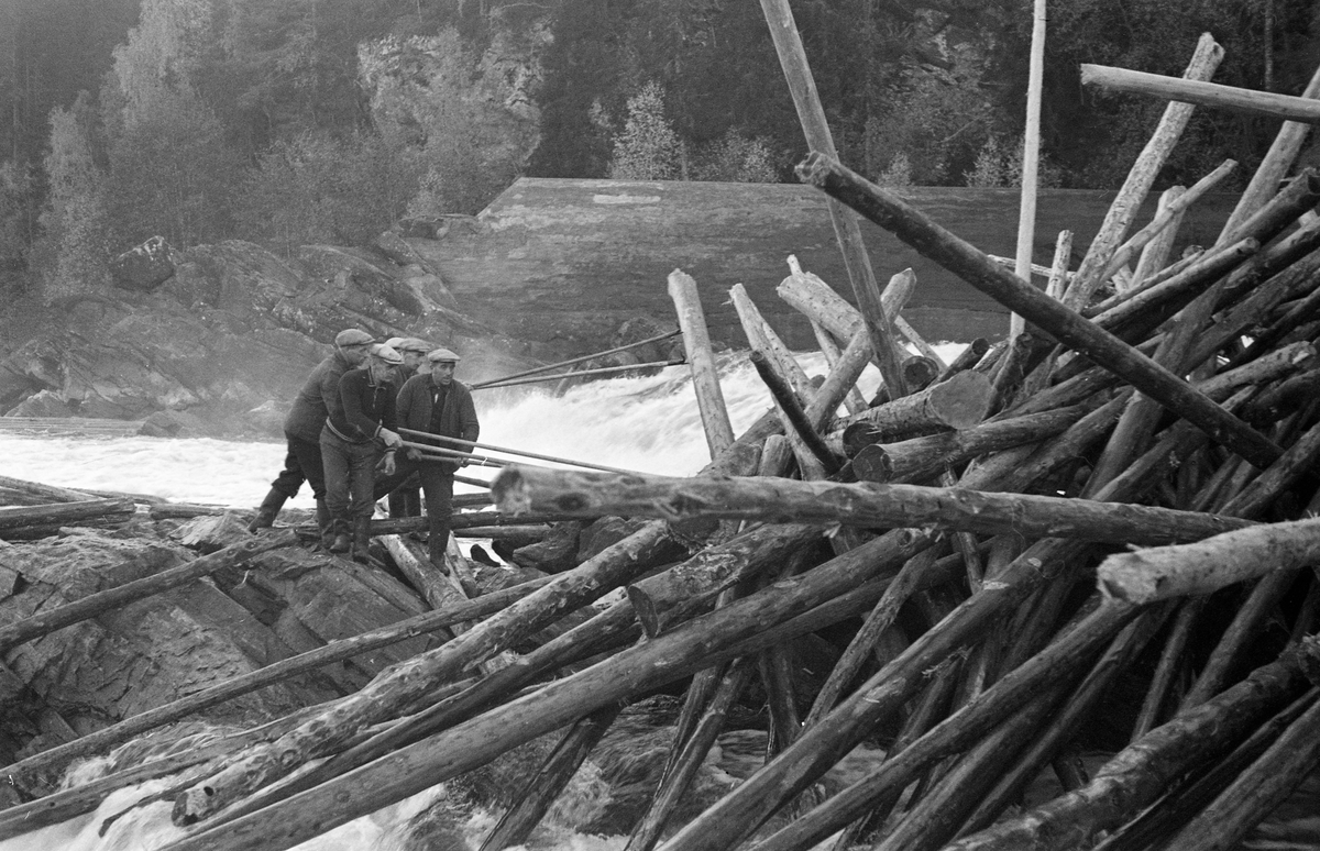 Fløtere i arbeid med å løsne tømmerhaugen som hadde bygd seg opp i Glomma under kraftverksdammen ved Kykkelsrud, på grensa mellom Askim og Spydeberg kommuner, høsten 1937. På dette fotografiet ser vi fem fløtere i arbeid med haker ved en tømmerhaug på et steinskjær i fossen, Høsten 1937 lå det en diger tømmerhaug som på et tidspunkt sperret hele elveløpet nedenfor Kykkelsruddammen. Det ble antydet at det dreide seg om 5 – 6 000 tylfter – kanskje 60-70 000 tømmerstokker. Da dette var på det verste, før dette fotografiet ble tatt, kunne en gå tørrskodd på tømmer fra den ene elvebredden til den andre. Dette hadde skjedd også to år tidligere, i 1935. Glomma fellesfløtingsforening satte inn 40 mann, de fleste lensearbeidere fra Skiptvet, for å få løsnet tømmeret. Tømmerhaugen bygde seg opp i en periode da det var liten vannføring i elva. Tilsiget til Kykkelsruddammen ble anslått til 300 kubikkmeter i sekundet, hvorav to tredeler gikk til kraftstasjonen. Fløterne ønsket seg mer vann. Dette forsøkte man å ordne ved å ofre noe av det vannet som var samlet i den ovenforliggende Solbergfossdammen. Det siste førte imidlertid til at mer tømmer satte seg fast. Bruk av dynamitt var man i utgangspunktet skeptiske til på dette stedet. Eksplosiver kunne utsette hengebrua over elva og mastene som førte elektrisiteten vekk fra kraftverket for fare, samtidig som det helt sikkert ville ødelagt mye tømmer. Likevel ble det brukt litt dynamitt. Det tok om lag to uker å få revet haugen. De store tømmerhaugene ved Kykkelsrud i 1935 og 1937 aktualiserte planene om å bygge ny dam ved denne kraftstasjonen, noe som ble realisert i perioden 1939-1941.