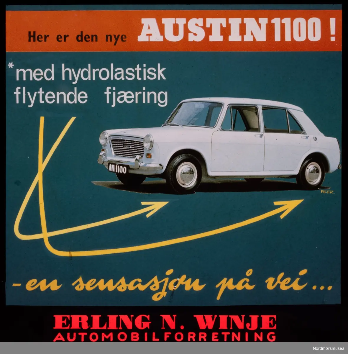 Kinoreklame for Austin 1100. En bil med hydrolastisk flytende fjæring fra Erling N. Winje automobilforretning. Kinoreklame fra Kristiansund, hovedsaklig fra perioden 1950 til 1980.