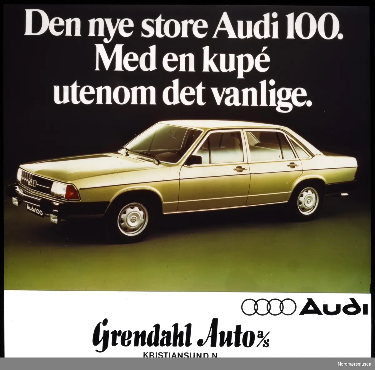 Kinoreklame for Audi 100 bil fra Grendahl Auto A/S, Kinoreklame fra Kristiansund, hovedsaklig fra perioden 1950 til 1980.