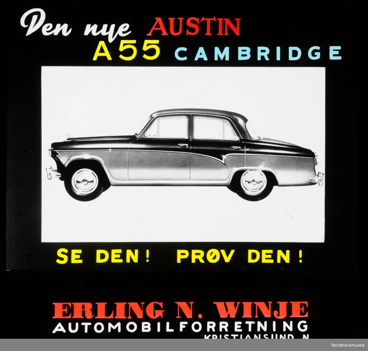 Kinoreklame for Austin A55 Cambridge fra Erling N. Winje Automobilforretning. Kinoreklame fra Kristiansund, hovedsaklig fra perioden 1950 til 1980.