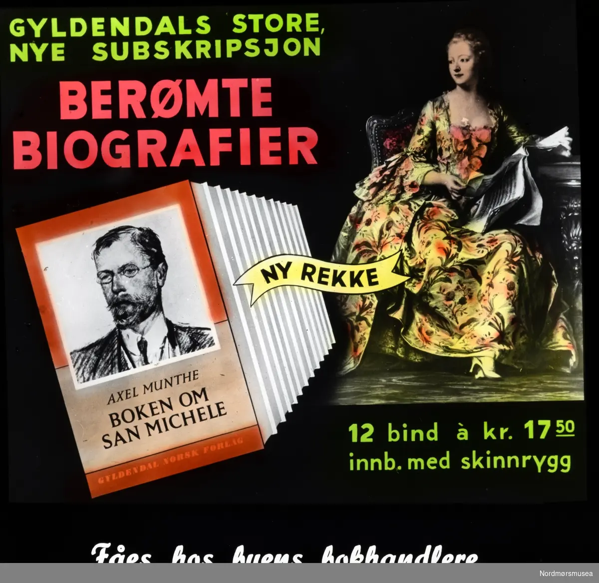 Kinoreklame for bokserien Gyldendals berømte biografier. Kinoreklame fra Kristiansund, hovedsaklig fra perioden 1950 til 1980.