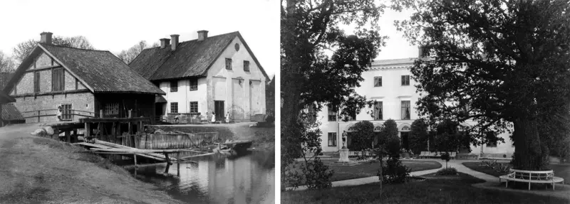 Smedjan och stålbrukshuset fotograferade av Amadeus Bianchini omkring 1905. Stålbrukshuset är bevarat och finns kvar bland bebyggelsen i Nykvarns centrum.  Till höger Taxinge-Näsbys herrgårdsbyggnad sedd från parken. Taxinge-Näsby har på senare tid blivit känt som ”Kakslottet”. Okänd fotograf