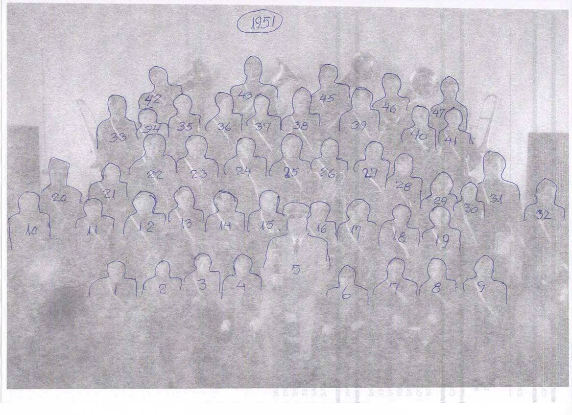 Hamar Guttemusikkorps 1951. Se bilde nr 2 for nummerering / plassering.
1.	
2.	
3.	Jan Melby
4.	
5.	Halvdan Hansen
6.	Jon Eriksen
7.	Bjørn Finborud
8.	Erik Løvhaug Hansen
9.	Bjørn Srandli
10.	Sjalg Hafsfjord ????
11.	Jan Erik Elvstedt
12.	Magnar Larsen
13.	Knut Melbye
14.	?? Mikkelsen
15.	?????
16.	Ragnar Westhagen
17.	Bjørn Helge Olsen
18.	Arne Myhrvold
19.	Harry Wang
20.	Arvid Ragnstad  (Olsen)
21.	??  Solberg ???
22.	Håkon Hagelund
23.	??????
24.	Ragnar Chritiansen
25.	Odd Ilseth
26.	Knut Johansen
27.	Per Bratlie ???????
28.	Harry Wang
29.	Bjørn Årstad  (Hansen)
30.	Johan Larsen
31.	???
32.	Lars Anderas Pedersen
33.	Frank Hansen
34.	Bjørn Andersen
35.	Odd Aspeli
36.	Finn Gundersen
37.	Svein Moe
38.	Bjørn Hagen
39.	Halvor Børresen
40.	Leif Helseth
41.	Gunvald Andreassen
42.	Annar Strandlie Nilsen
43.	Manfred ?????
44.	 
45.	Ilseth    (Kalt Pinning)
46.	Arne Olsen
47.	??????